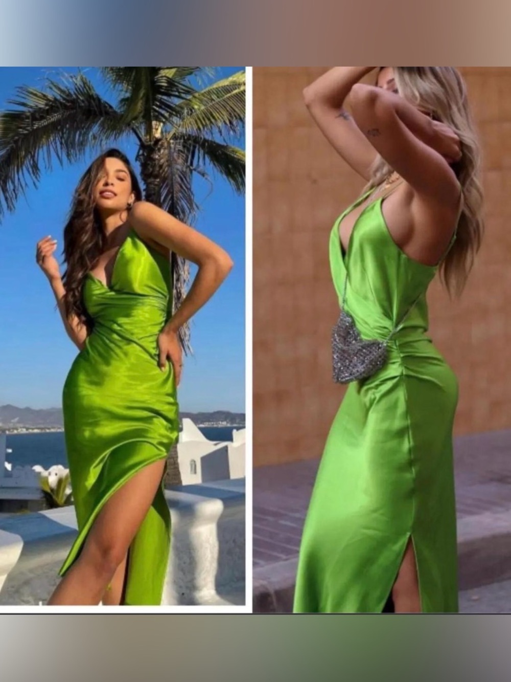 🔥🔥Zara  Green Satin Slip Dress with Side Slit